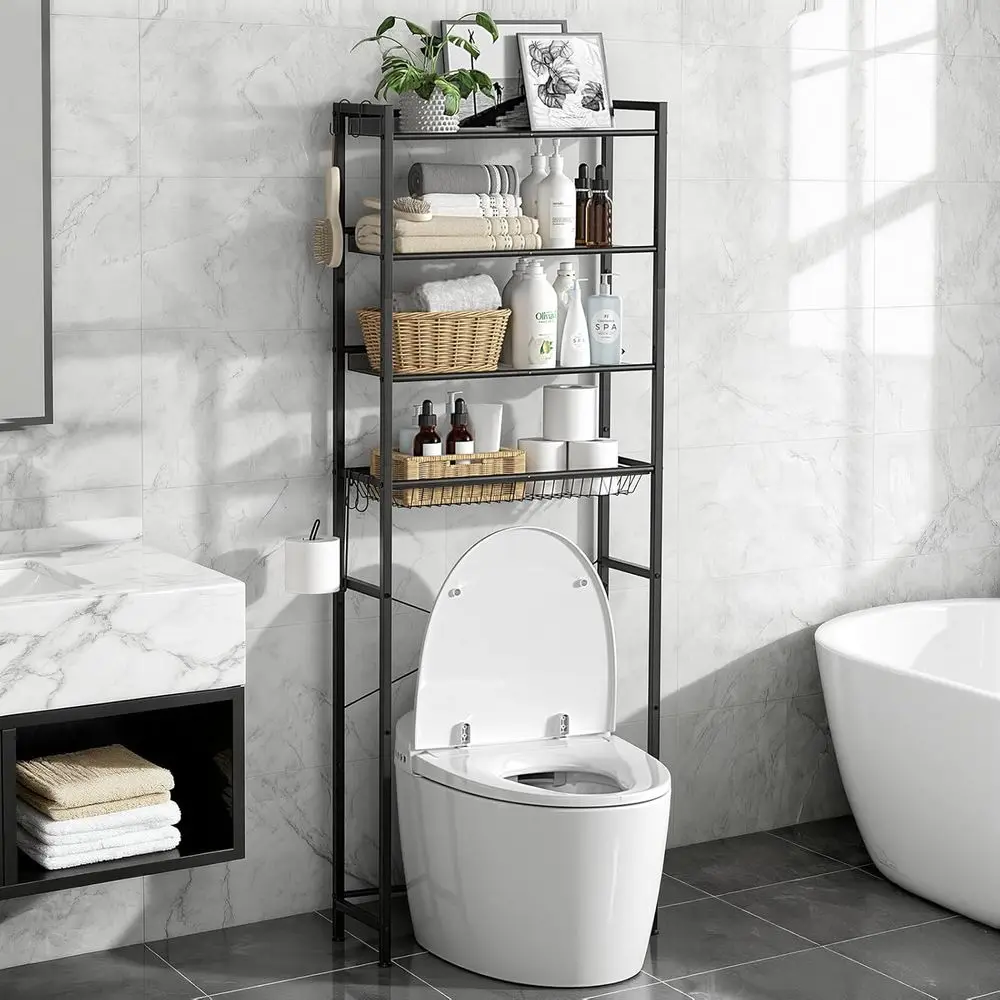 

4 Tier Over The Toilet Storage Rack, Bathroom Organizer Shel Over Toilet with 4 Hook and Roll Holder, Space Saver Metal Bathroom