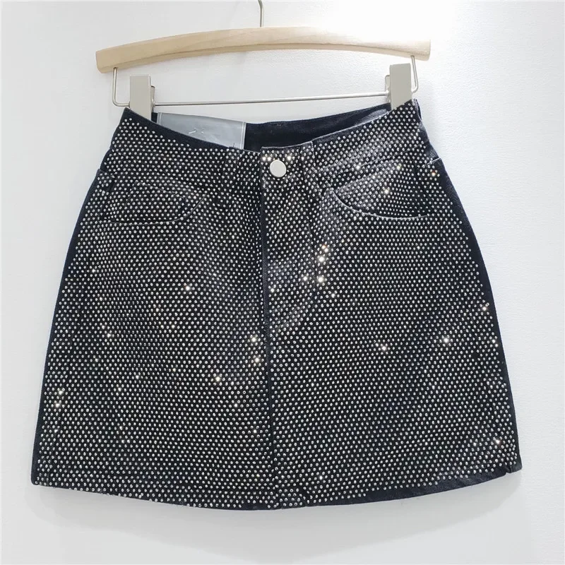 Luxury Women Diamonds Beaded Denim Skirt High Waist Hot Drilling Rhinestones Jeans Skirt A-line Wrapped Hip Cowboy Short Faldas