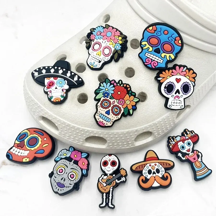 10pcs Skull Pattern Shoe Charms Set For Clogs Bogg Bag Bubble Slides Sandals, PVC Shoe Decorations Beach Bag Accessories