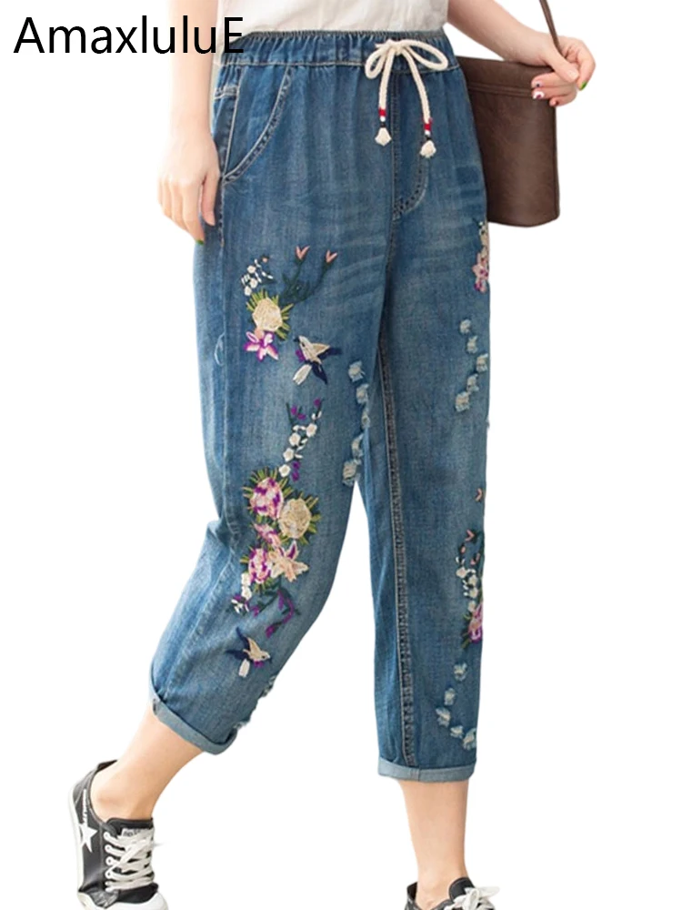 

AmaxluluE, лето 2022, женские винтажные свободные джинсовые брюки с цветочным принтом, повседневные рваные синие джинсы в китайском стиле, эластичные шаровары с дырками