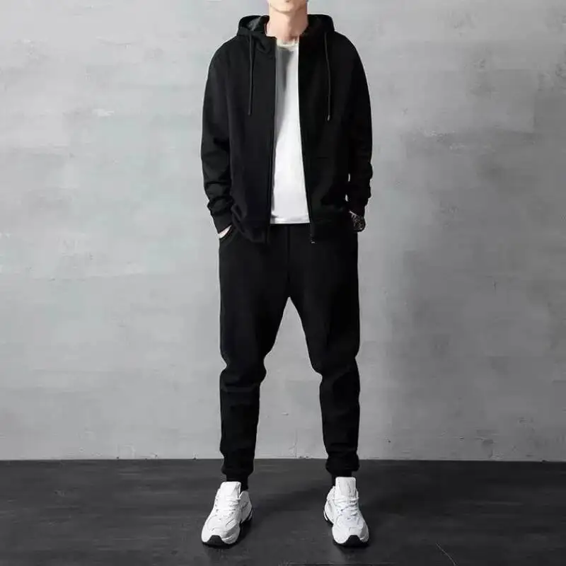 

Two Piece Spring Autumn Thin Minimalist Sports Men Set Loose Cardigans Zipper Hooded Hoodie Elastic Waist Casual Sweatpants Suit
