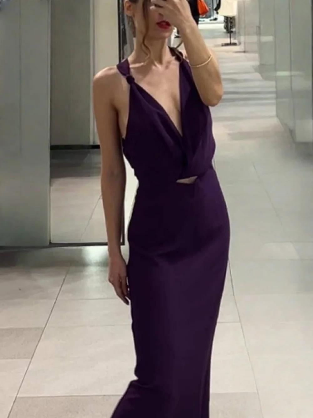 

Autumn 2025 Purple Women's Long Dress Sexy Deep V-Neck Knotted Decoration Fashion Personality Temperament Dress