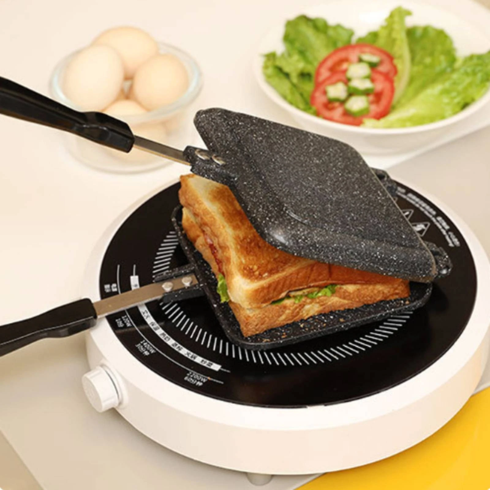 Sartén para sándwiches de doble cara con mango largo, sartén articulada para sándwiches, prensa para panini para estufa, utensilios de cocina antiadherentes, placas cuadradas