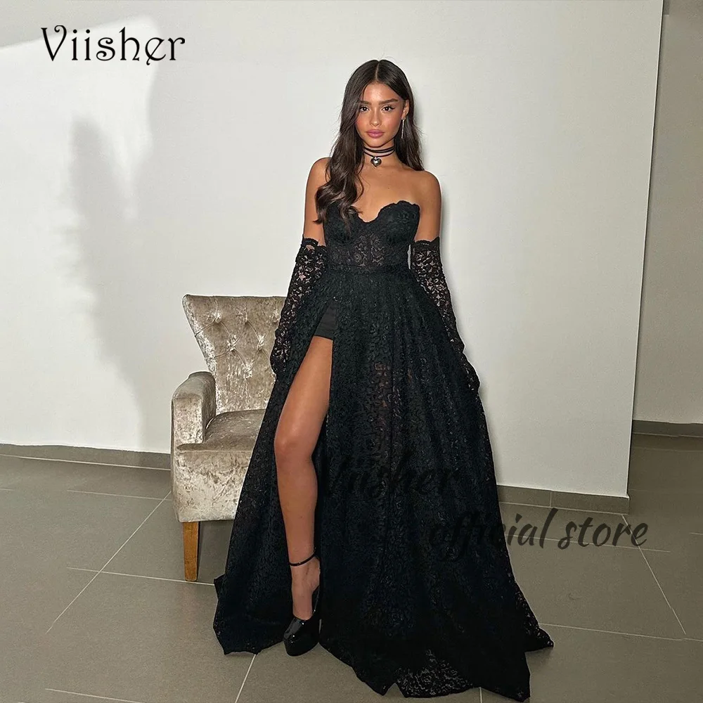 Visher schwarze Spitze Tüll Ballkleider sexy Schatz Bein geteilt eine Linie Abend Party Kleid mit Zug lange feiern Event Kleid