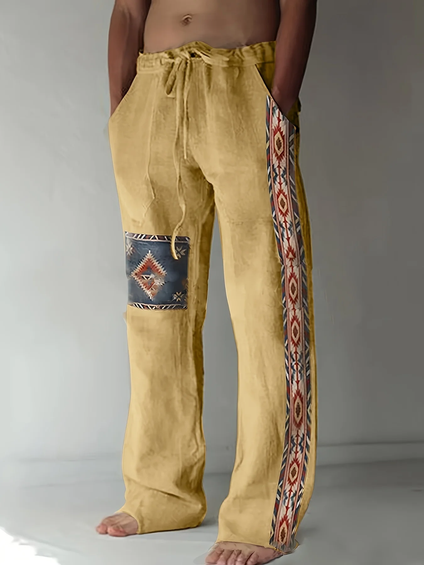 Four-season breathable men's loose slanted-pocket outdoor printed drawstring ethnic style casual pants