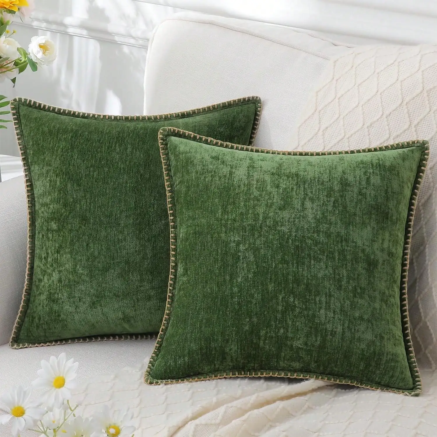 1 Stück weicher Chenille-Kissenbezug mit genähten Kanten, Bauernhaus-Samt-Kissenbezug, dekorativer quadratischer Kissenbezug für Sofa und Bett