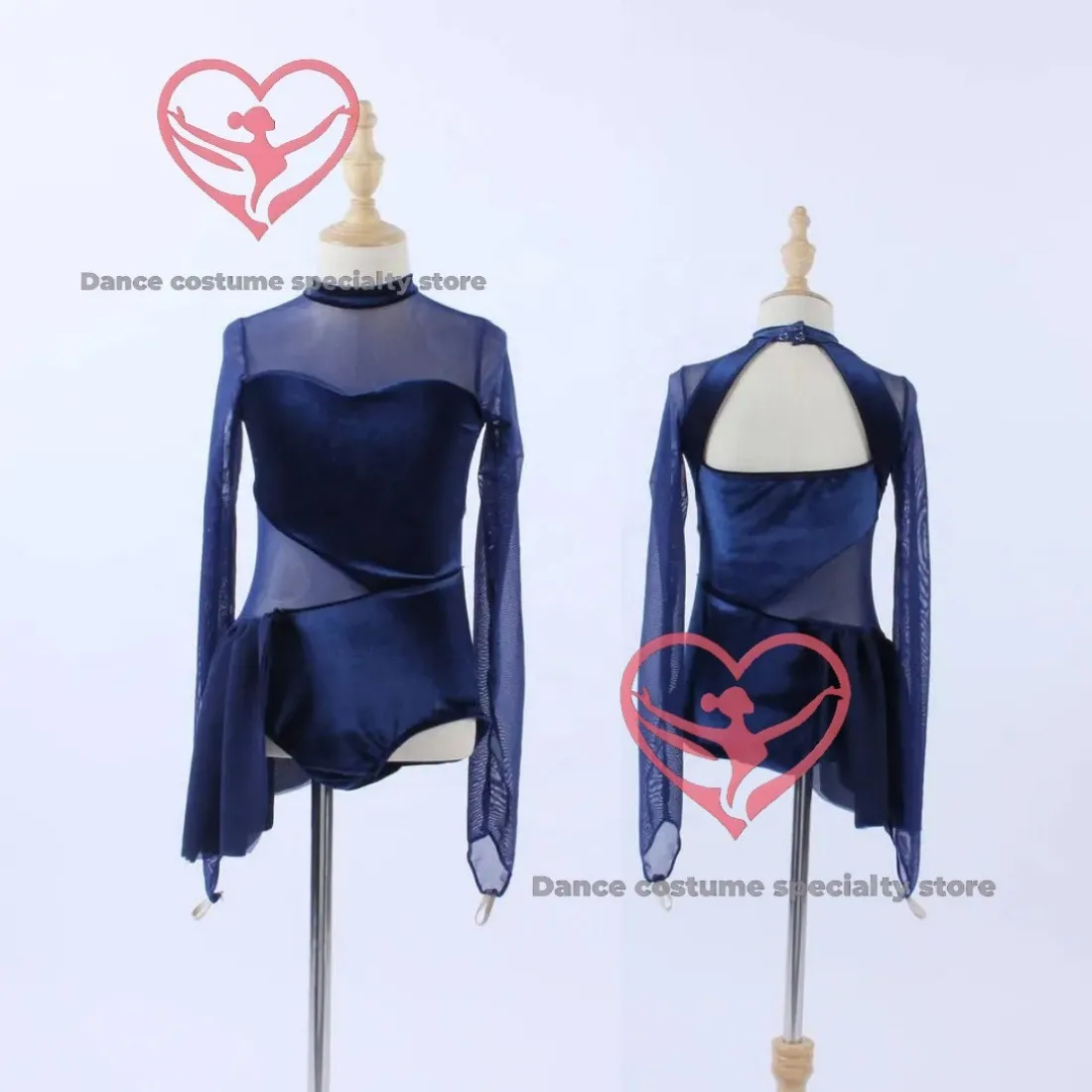 

Navy Blue Mesh Panel Long-Sleeve Dance Costume