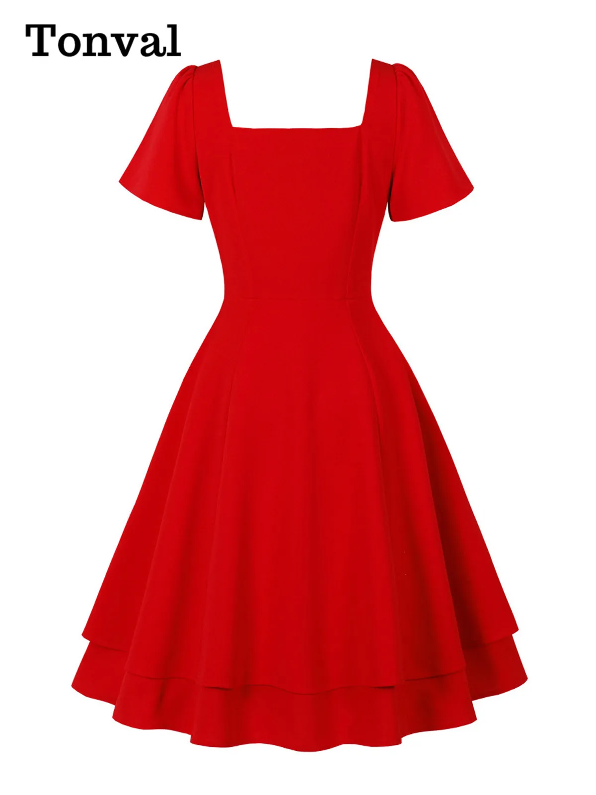 Tonval vermelho elegante cintura alta vintage roupas femininas pescoço quadrado gravata frente dupla camada bainha festa de aniversário vestidos de balanço