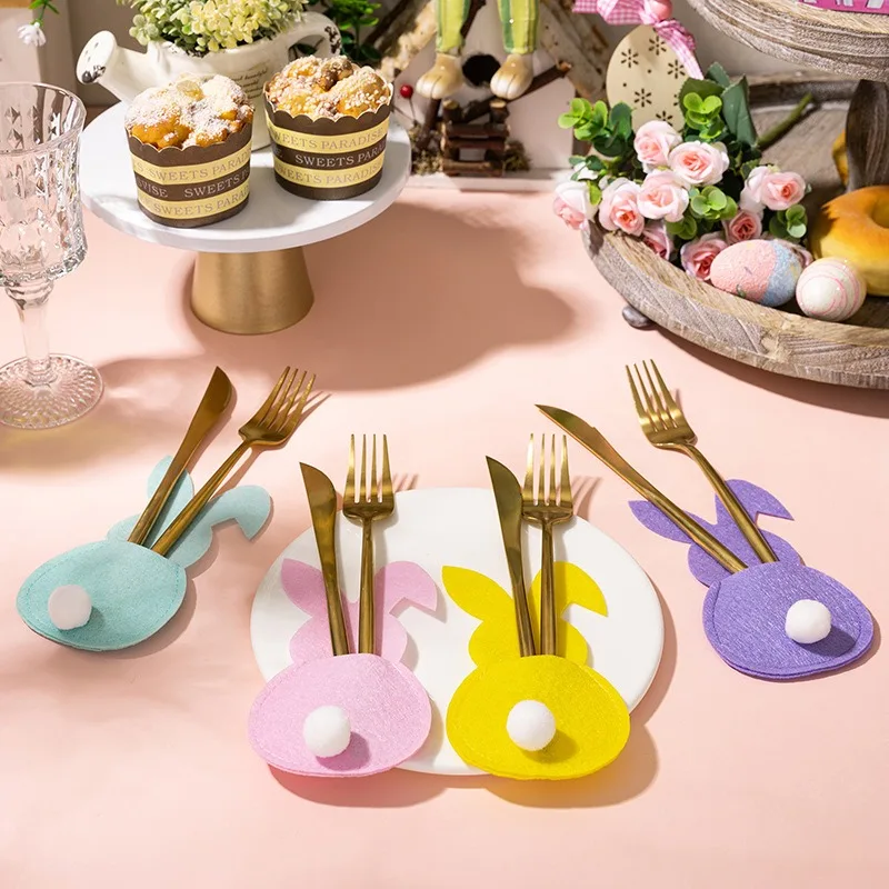 

Easter Decoration Supplies Cute Rabbit Knife and Fork Set Table Decoration Tableware Set Rabbit Tail Felt Set
