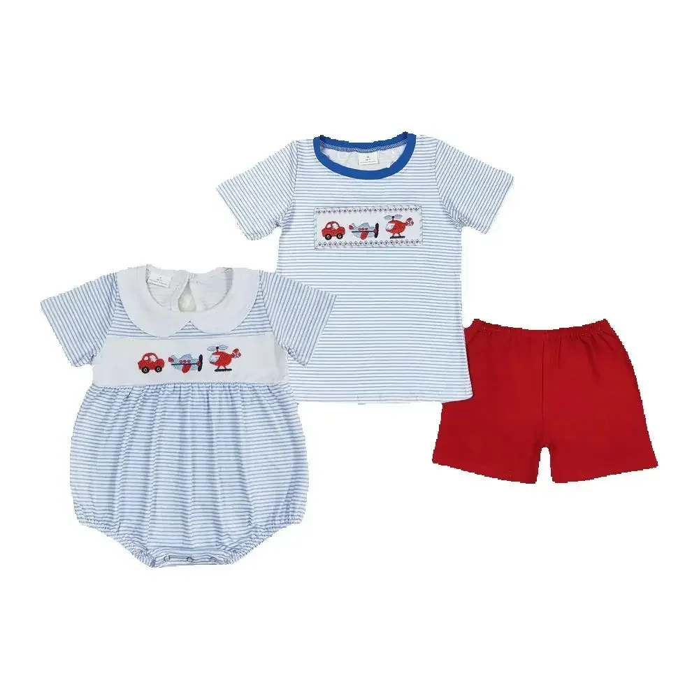 

Baby Boys Blue Stripes Transpotation Sibling Brother Clothes Sets
