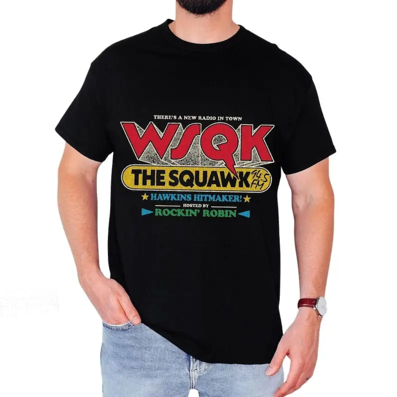 Vintage WSQK The Squawk 94.5 FM Radio Unisex T-Shirt Streetwear High Quality Cotton Regular Short Sleeve Printed T-shirt Tops