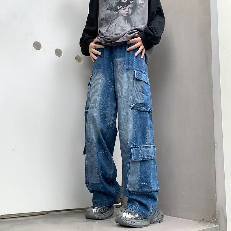 Vintage Patchwork Plaid Cargo Jeans Men Women Baggy Denim Trousers Streetwear Hip Hop Multi-Pockets Safari Style Casual