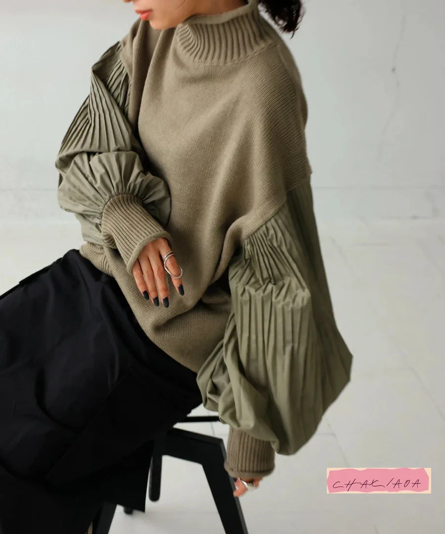 

2025 New Korean Womens Winter Fashion Sweater Turtleneck Splicing Casual Loose Pullover Lantern Sleeve Knitted Sweater Jacket