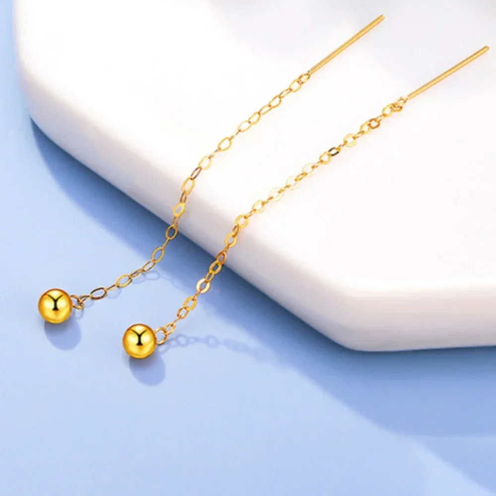 

24k Real Gold Ball Earring, 999 Pure Gold Drop Long Earring for Women, Bean Long Line Ear Studs Light Luxury Temperament Jewelry