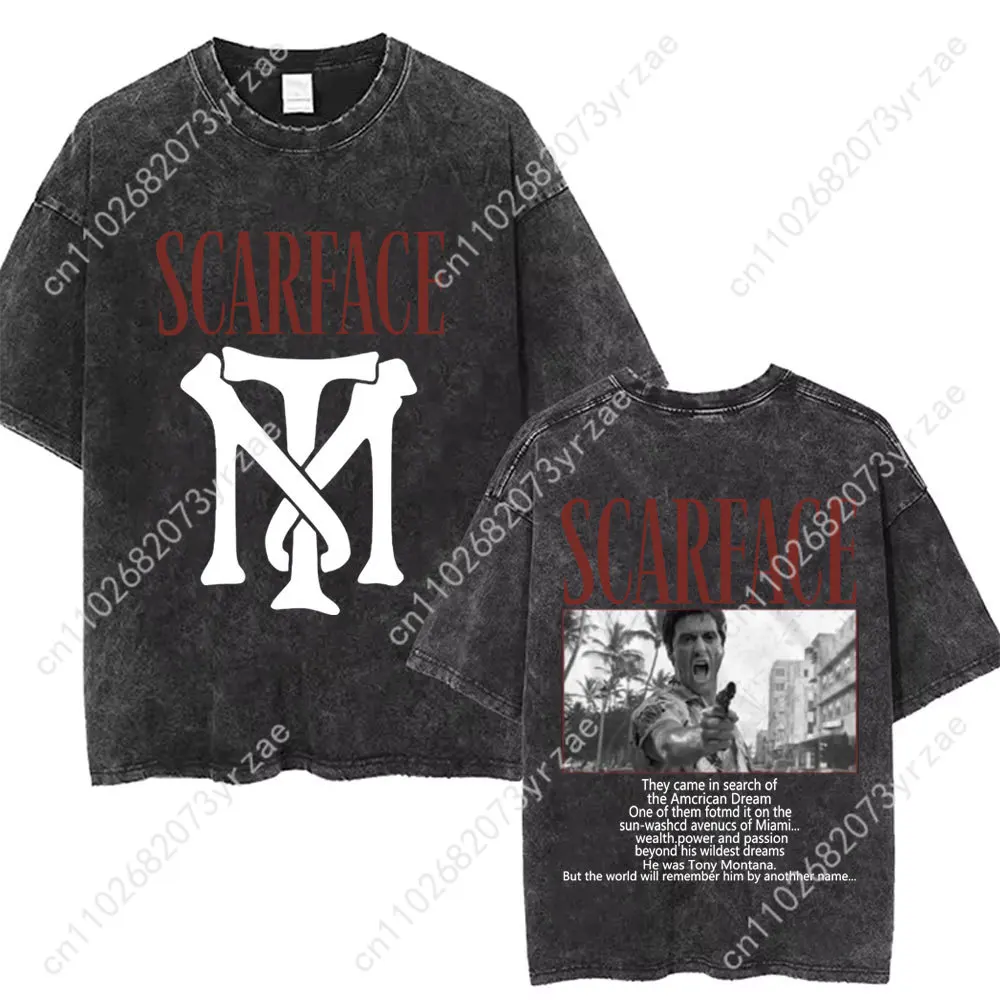

Scarface Retro Wash Tshirt Man Woman High Quality Vintage T Shirt Cotton Short Sleeves Fashion T-shirt Soft Breathable Tops