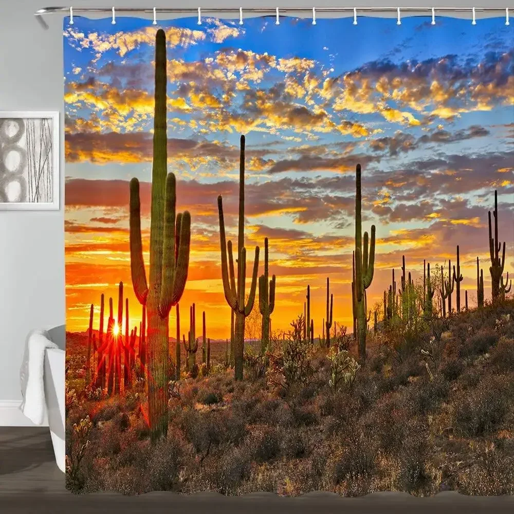 Cactus Bathroom Shower Curtains Sets Western Landscape Sunset in Sonoran Desert Near Dusk Natural Fabric Bath Curtain with Hooks