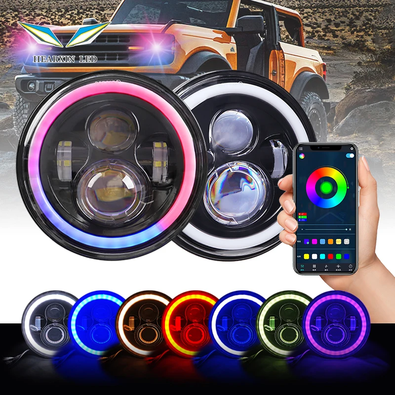 

2PCS 7 Inch Round APP Control Car LED Headlights RGB Halo Ring Angel Eyes Off Road H13 H4 LED Lamp for Wrangler Harley Jk Tj Lj