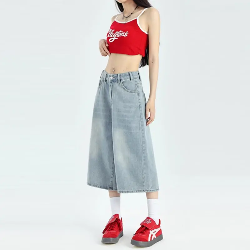 High-waisted Wide-leg Denim Shorts for Women Summer Baggy Mid-length Jeans Pants Solid Casual Y2k Clothing Streetwear Plus Size