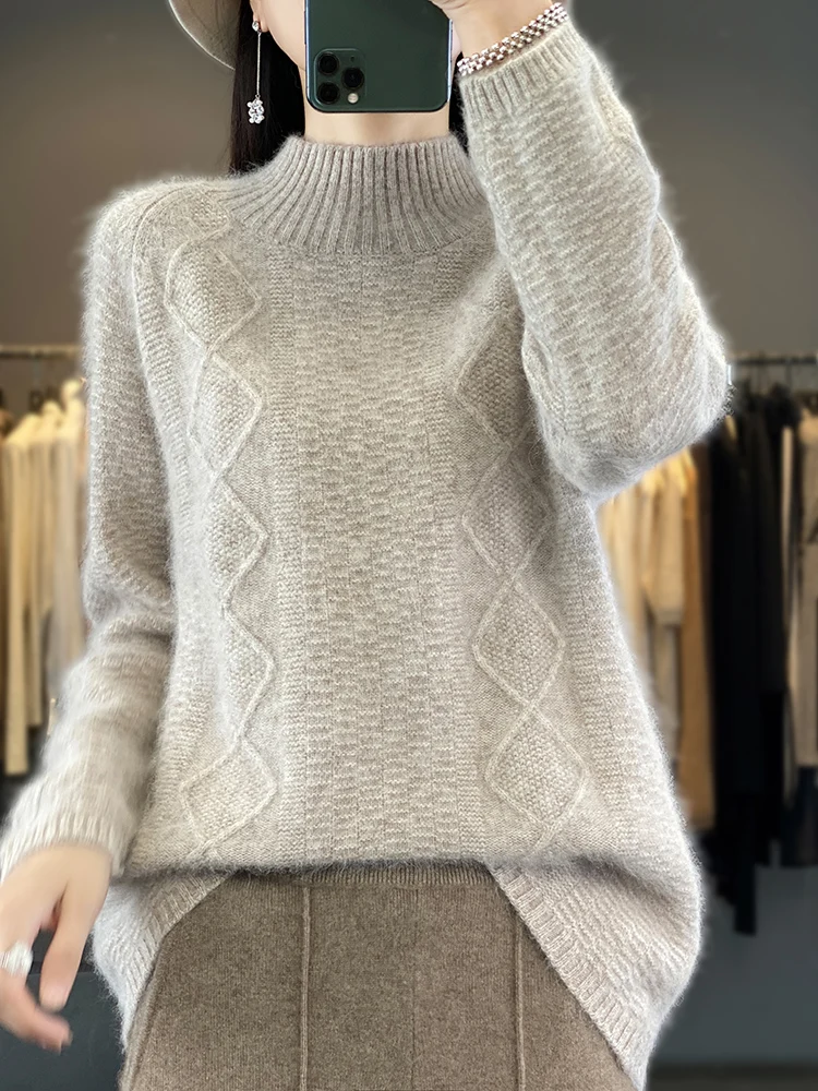 2024 New Autumn Winter Women Sweater Mock Neck 100% Pure Mink Cashmere Pullovers Knitwear Thick Warm Fashion Jumpers Clothing
