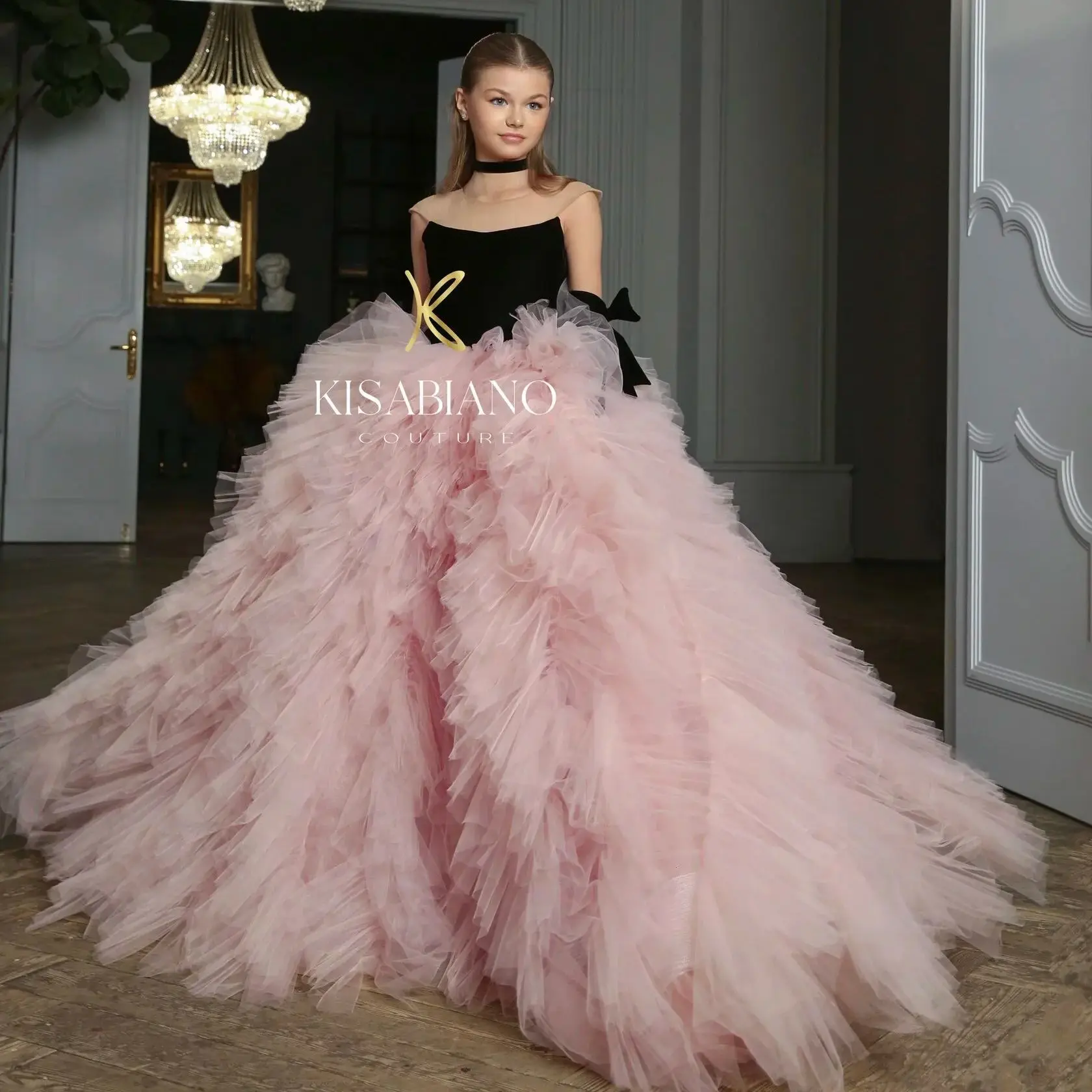 Black & Pink Flower Girl Dresses For Wedding Princess Tiered Tulle Litter Girl's Baby Birthday Party Prom Photo Shoot Gowns
