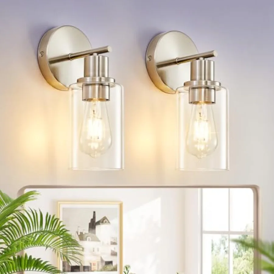 DLLT Wall Sconces Set of Two: Modern Bathroom Vanity Light Fixtures - Nickel Vanity Lights with Clear Glass Shade - Farmhouse W