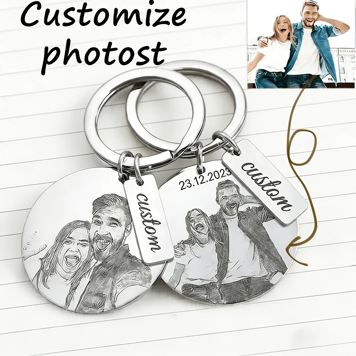 Custom Round Stainless Steel Photo Text Keychain Personalized Face Engraved Memorial Gift for Couple Family Holiday