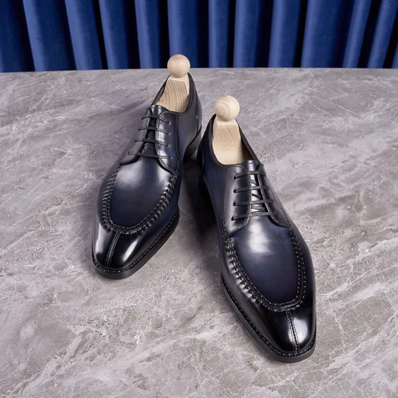High Quality Men Derby Shoes Genuine Leather Square Toe Low Heel Classic Lace Up Fashion Comfortable Business Wedding  Men Shoes