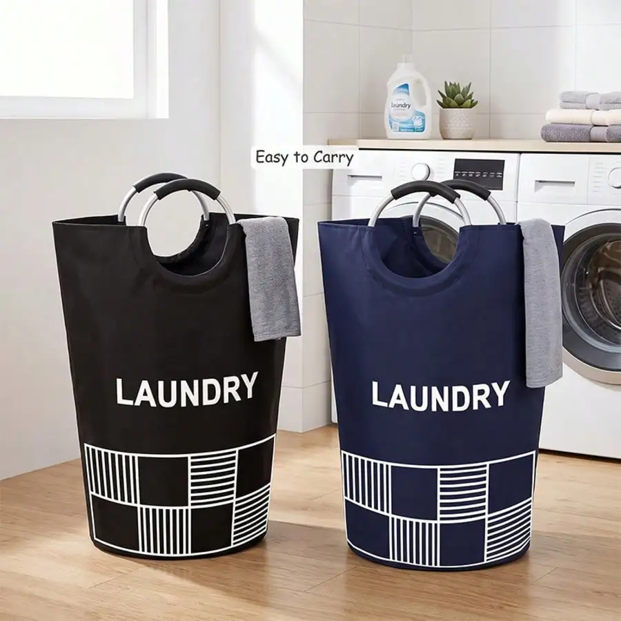 2 Large Foldable Laundry Baskets With Padded Aluminum Handles; Made Of Waterproof Fabric With A Geometric Pattern; Ideal For Storing Dirty Clothes And Other Garments
