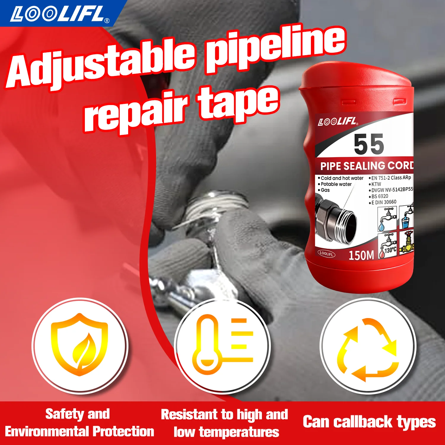 LOOLIFL New Multi-Size Pipe Sealing Cord (50/80/150/160M) - Innovative Adjustable Repair Solution for All Pipeline Issues