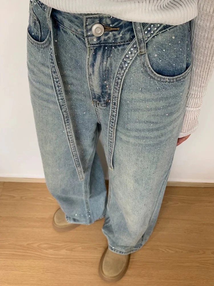 بالإضافة إلى حجم الأمريكية Sle حجر الراين الدنيم عالية الخصر مستقيم الساق واسعة الساق السراويل للنساء الكمثرى aped الخريف لباس غير رسمي