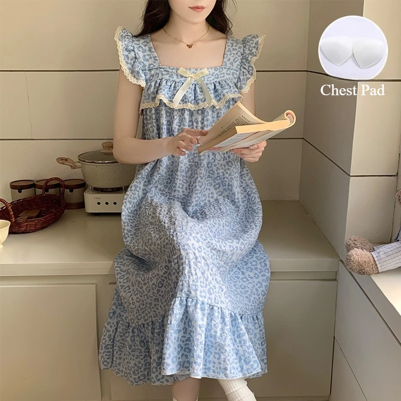 

Корейская ночная сорочка без рукавов с рюшами и вкладышами для груди, женская пижама-платье миди из облачного хлопка, свободная домашняя одежда для отдыха