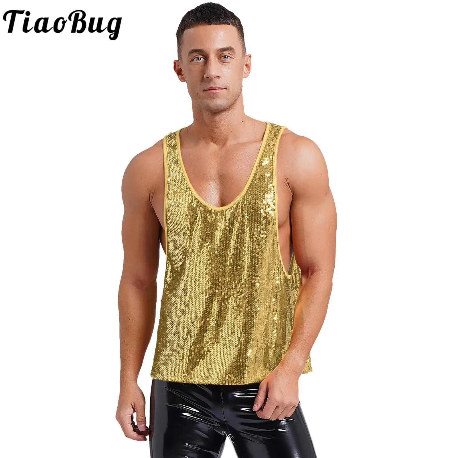 

Mens Sequin Tank Top Shiny Loose Vest Nightclub Sleeveless Tee T-shirts Club Rave Party Jazz Latin Disco Dancing Tops Clubwear