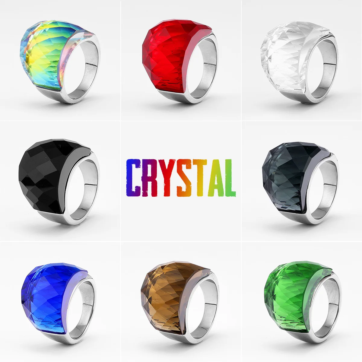 Multicolor Luxury Glass Crystal Men Rings Stainless Steel Women Jewelry Punk Rock Cool Stuff Fashion Accessories Gift Wholesale