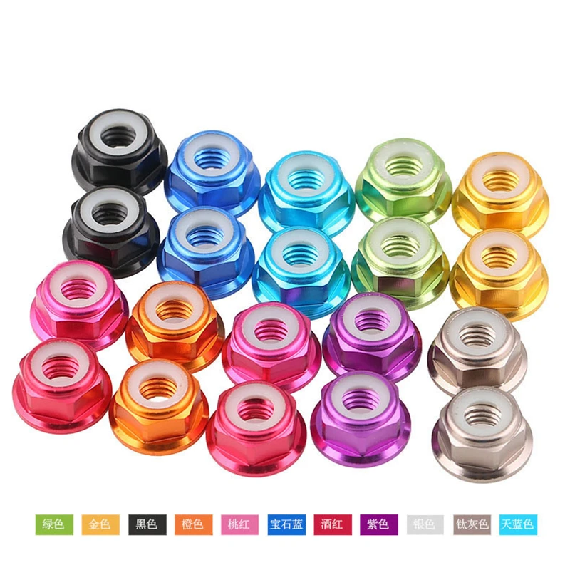 10pcs M2 M3 M4 M5 M6 Aluminum Flange Nylon Lock Nut Anodized Red/black/ blue/ light blue/ orange/ golden/purple/pink/sliver/grey