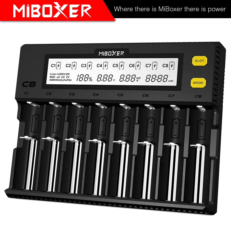 Nuovo MiBOXER C8 caricabatteria intelligente 8 slot caricatore di uscita 4A totale per IMR16340 18650 10440 AA AAA 14500 26650 e dispositivo USB