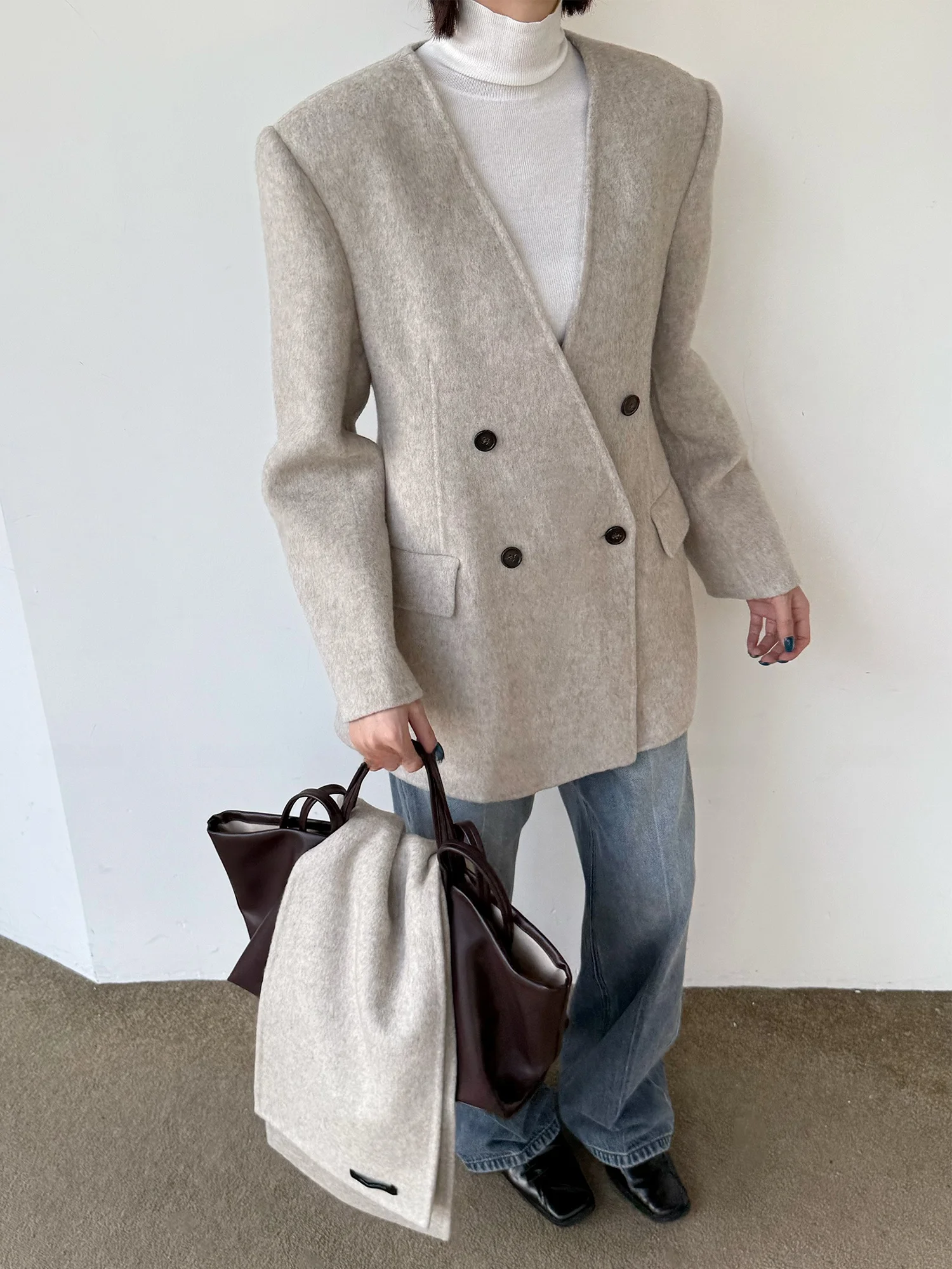 

ECLANE Korean Sle Double Breasted Woolen Suit Jaet V Ne Two Sided Quali Warmth Long Sve round Hemline Pure Color