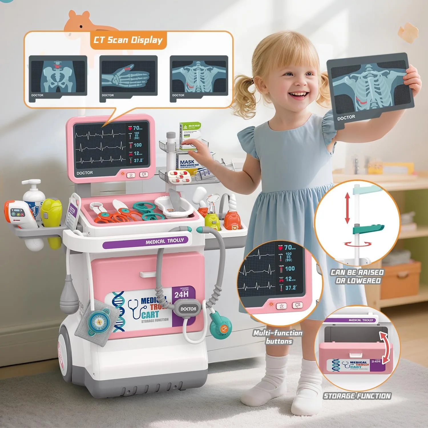 Deluxe Kids Doctor Play Set Pretend Play Medical Cart Trolley ECG Stethoscope Educational Role Play Toy Boys Girls Gift
