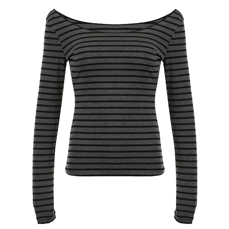 Frühling Herbst Damen Neue japanische Grundmodelle Schlankes langärmeliges gestreiftes T-Shirt Trägerloses koreanisches Street Style y2k dünne Tops