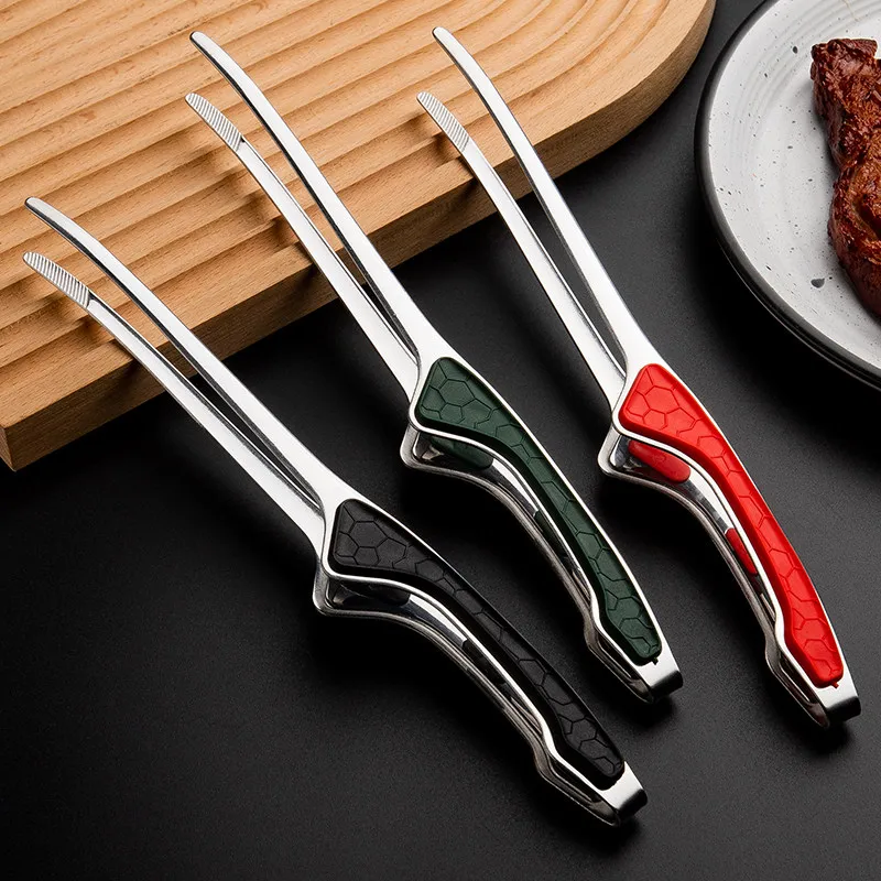 Stainless Steel Food Tongs with Silicone Handle, Pointed Tip Kitchen Clips for Steak, Bread, BBQ Grilling Cooking Serving