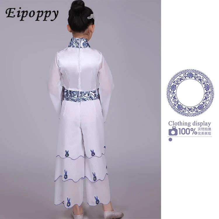 Neue Kinder blau und weiß Porzellan Kostüme Kinder Fan Tanz kleidung Tanz kleidung