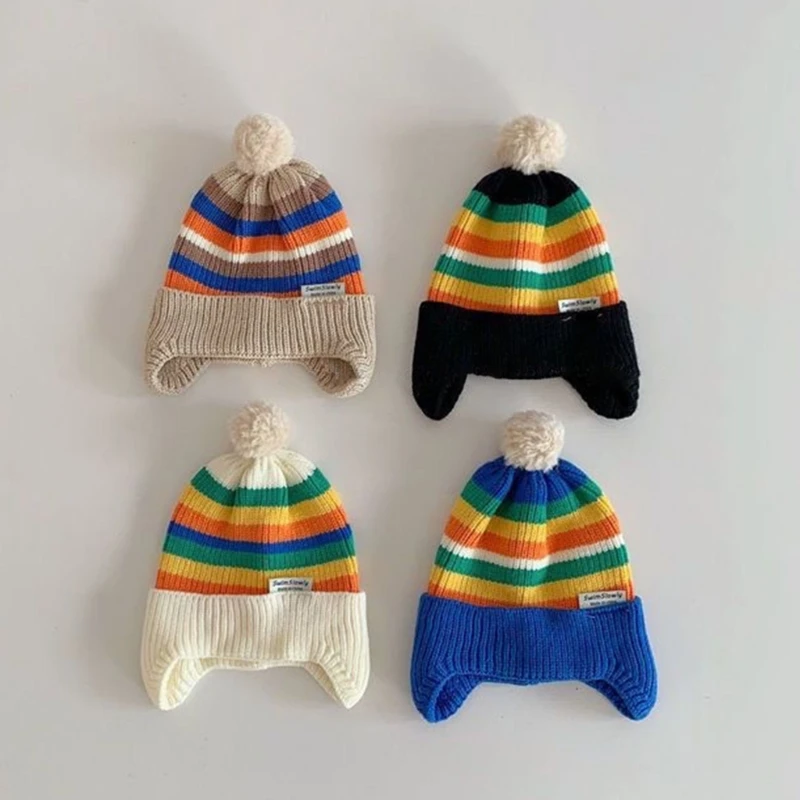 Autumn Winter Warm Baby Hat Knitted Earflap Kids Beanie Cap Boys Girls Outdoor Windproof Woolen Bonnet