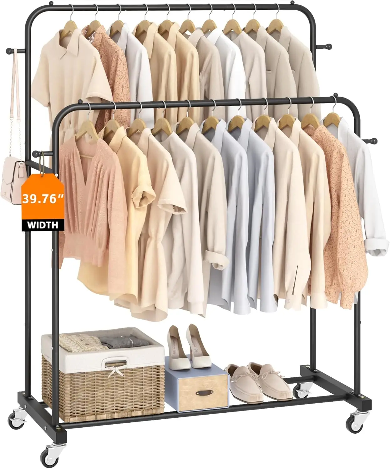 

Double Rods Garment Rack with Wheels, Clothing Rack for Hanging Clothes,4 Hooks, Multi-functional Bedroom Clothes Rack, Black