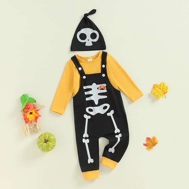 2024-06-04 Lioraitiin Baby 3Pcs Halloween Outfits Long Sleeve Tops + Overalls + Hat Set Skeleton Costume