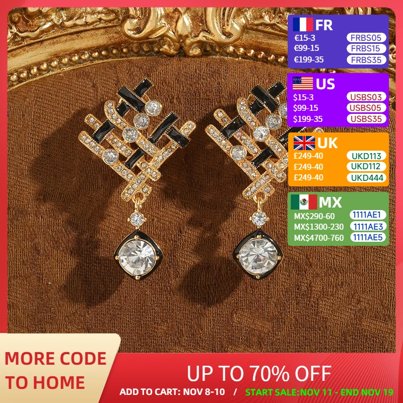 

Vintage Gold Color Drop Earrings High Quality Luxury Brand Cross Black Enamel Rhinestones Zircon Pendant Jewelry Valentine Day