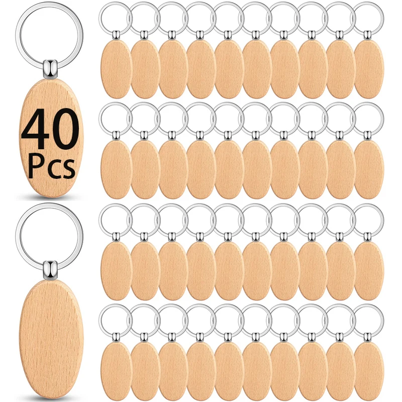 40Pcs Wooden Keychain Blanks Unfinished Wood Key Tags DIY Gift Craft Accessories