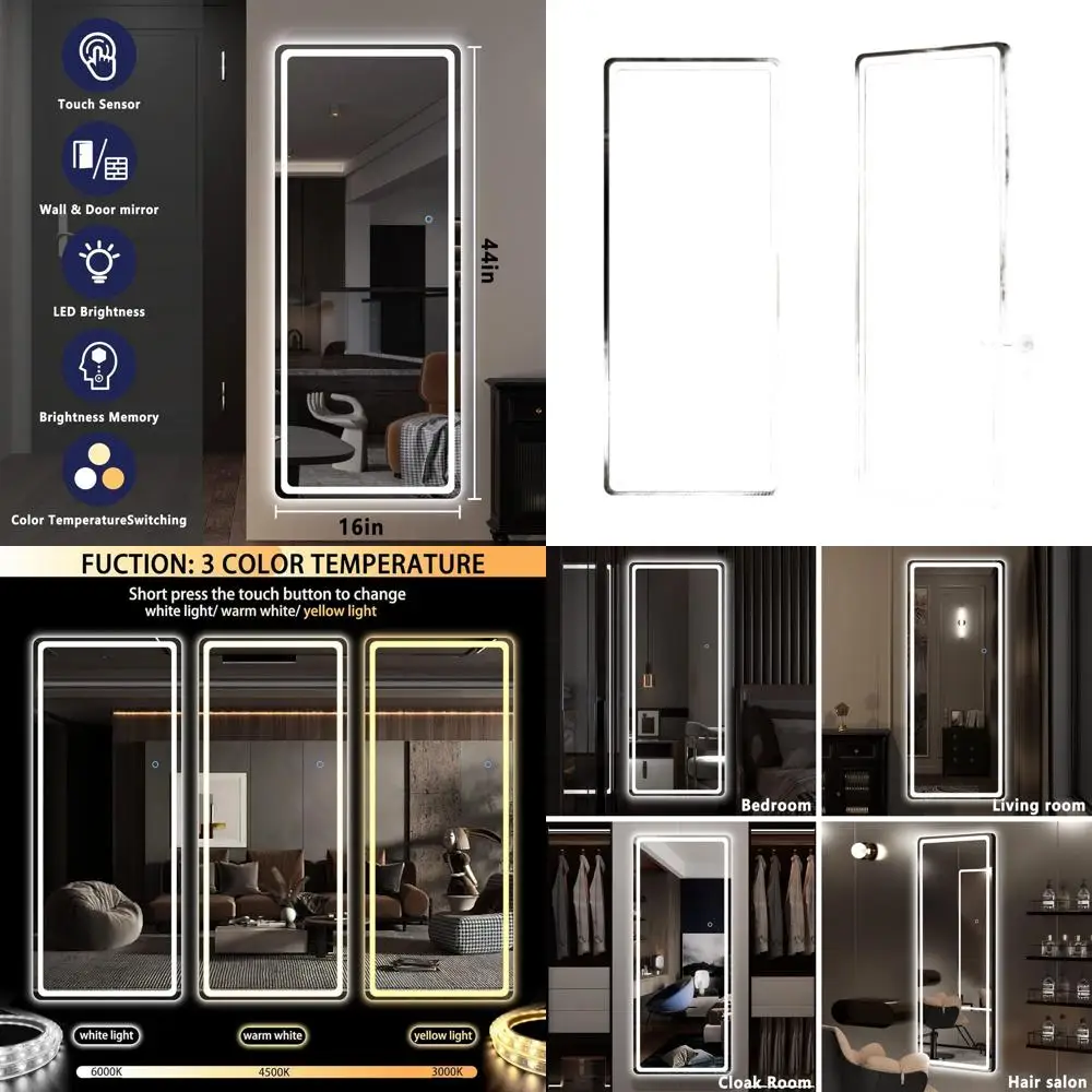 

44.1 x 15.8 Illuminated Door Mirror, Wall-Mounted Full-Length Hanging Mirror, Round Black Frame