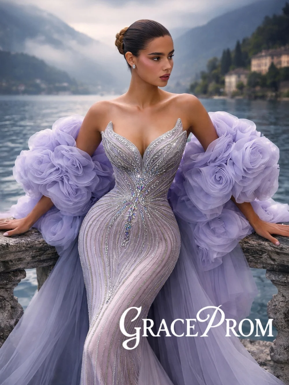 

Purple Heavy Beaded Evening Dress Ruffled Shawl Mermaid Long Wedding Party Gown Customized Opulent Crystal Red Carpet Gowns