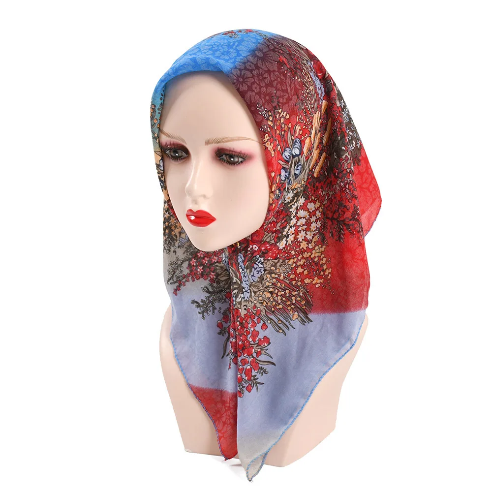 Women Square National Scarf Russian Retro Floral Rainbow Print Head Scarves Bandana Foulard Femme Muslim Headwraps Hijab Scarf