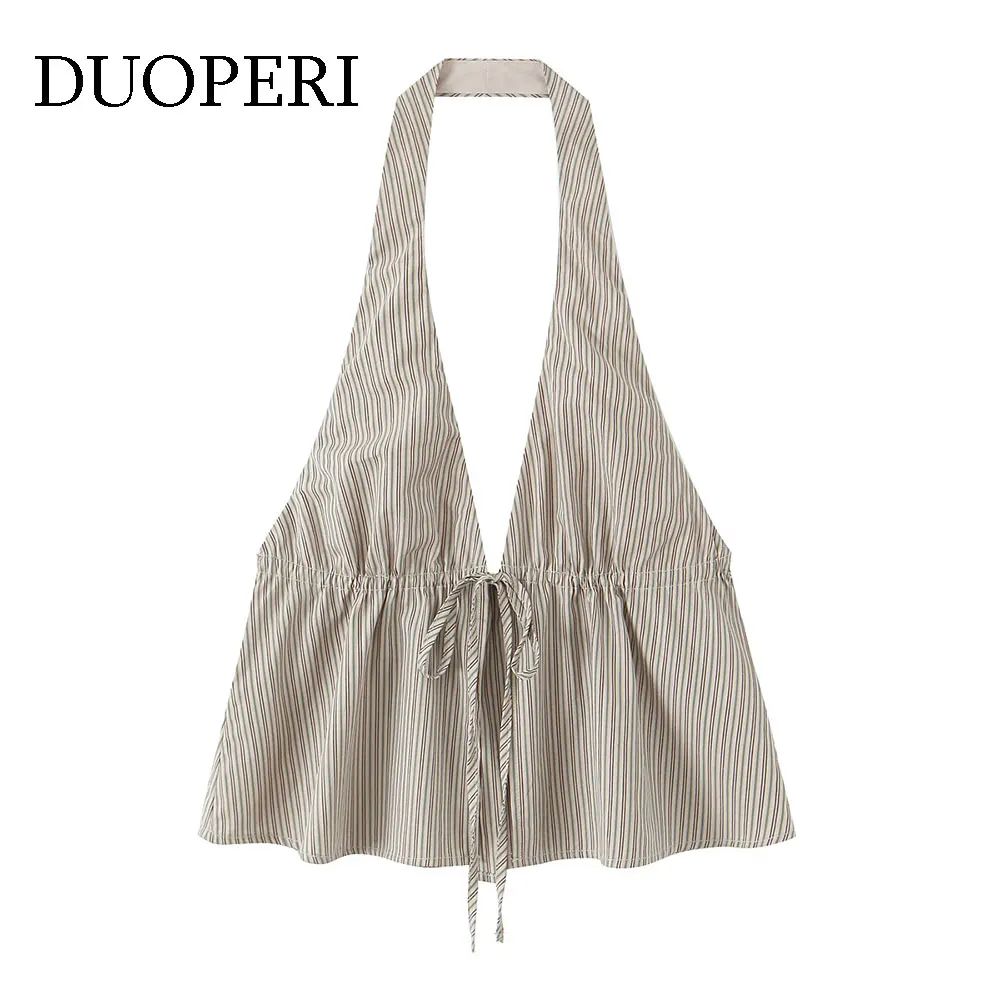 

DUOPERI 2025 новые женские полосатые плиссированные майки с открытой спиной на шнуровке, сексуальные женские элегантные топы без рукавов с лямкой на шее, шикарные топы на бретелях