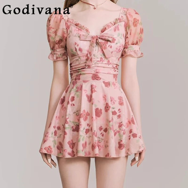 

2025 New Sweet Ruffles Short Sleeve Conservative Pool One-piece Swimsuit Summer Girls Bow High Waist A-line V-neck Swimwear